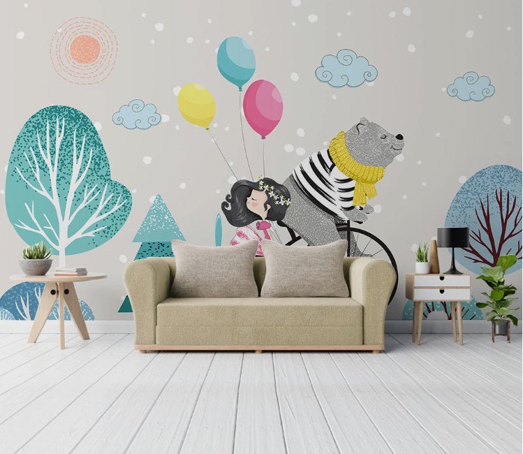 Gray Grizzly Bear Trees Girl and Balloons Wallpaper Children Kids Room Mural Home Decor Wall Art