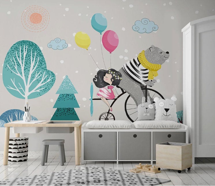 Gray Grizzly Bear Trees Girl and Balloons Wallpaper Children Kids Room Mural Home Decor Wall Art