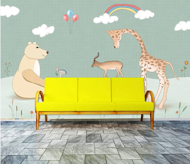Bear Giraffe Deer Animal Landscape Kids Room Wallpaper