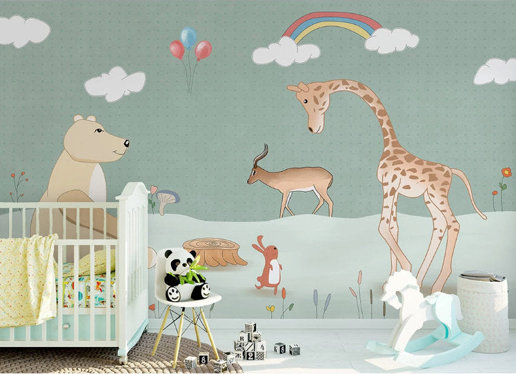 Bear Giraffe Deer Animal Landscape Kids Room Wallpaper