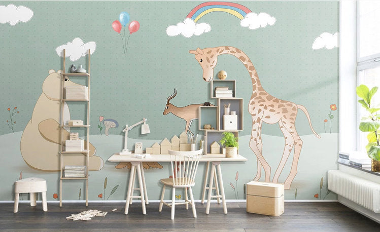 Bear Giraffe Deer Animal Landscape Kids Room Wallpaper