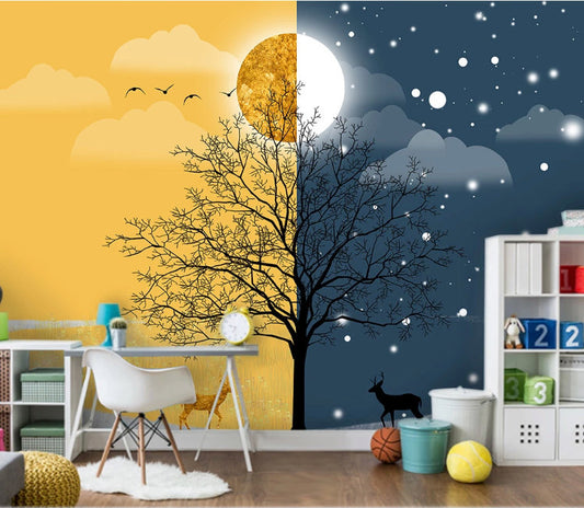 European Simple Tree Sun and Moon Scenery Abstract Wallpaper