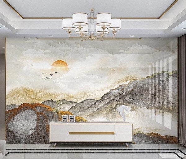 Hand Painted Marble Texture Sunset Landscape Wallpaper