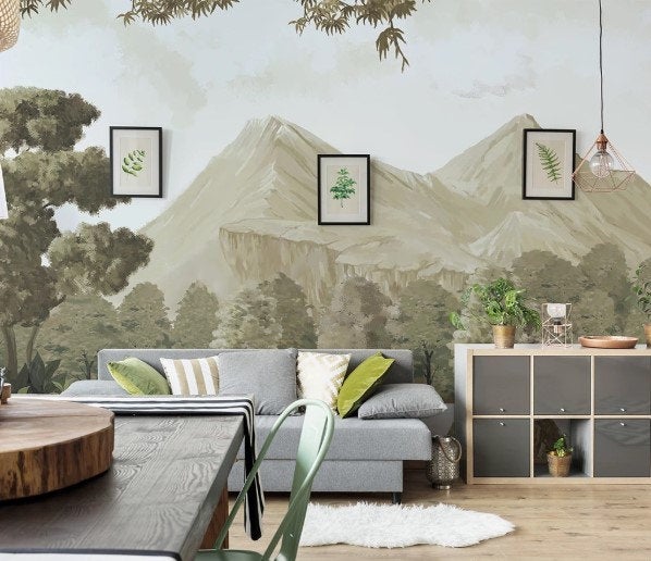 Oil Painting Misty Beige Mountain Landscape Wallpaper