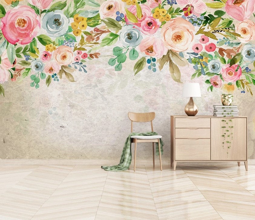 Hand Painted Colorful Giant Flowers Floral Wallpaper