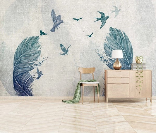 Boho Feather and Bird Hand Drawing Removable Wallpaper