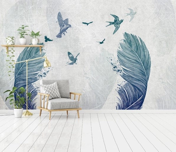 Boho Feather and Bird Hand Drawing Removable Wallpaper