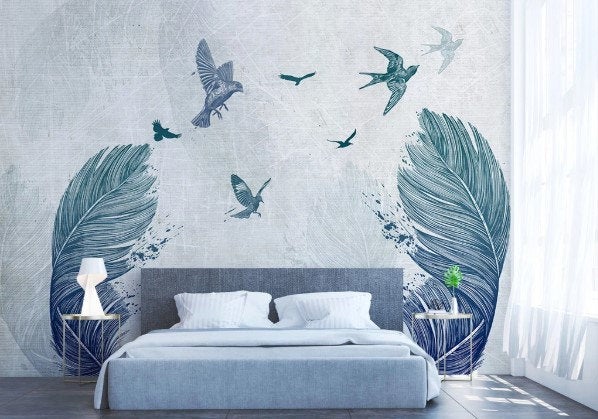 Boho Feather and Bird Hand Drawing Removable Wallpaper