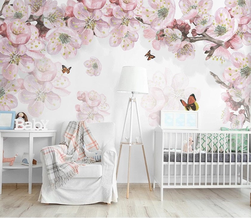Boho Chic Watercolor Flowers Wall Mural Lila Flowers Wallpaper