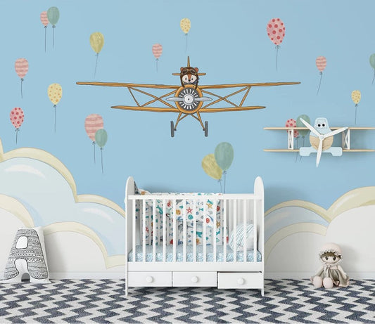 Child Room Plane Cartoon with Balloon Wallpaper