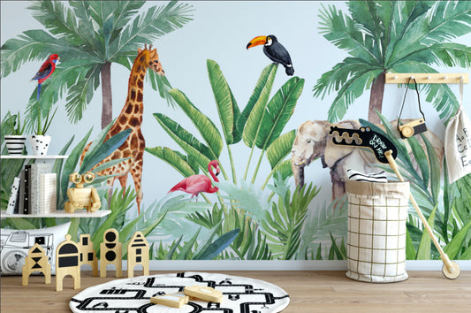 Jungle Giraffe Elephant and Birds Wallpaper Removable