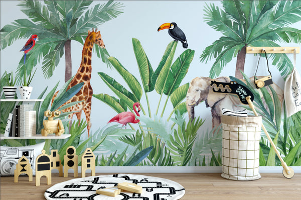 Jungle Giraffe Elephant and Birds Wallpaper Removable