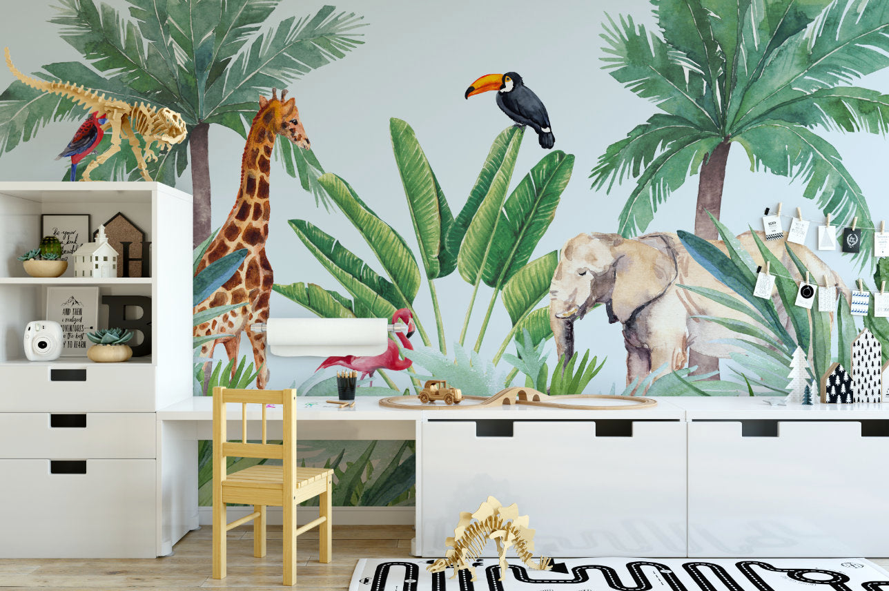 Jungle Giraffe Elephant and Birds Wallpaper Removable