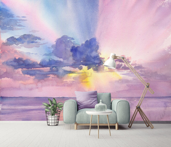 Pinkish Sky Art Mural Cloud Design Wallpaper Wall Covering