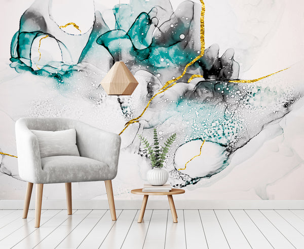 Turquoise Colorful Blob Mural Light Colored Design Wallpaper