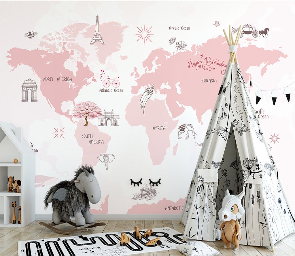 Pinky World Map Abstract Minimal Design Wallpaper Wall Covering