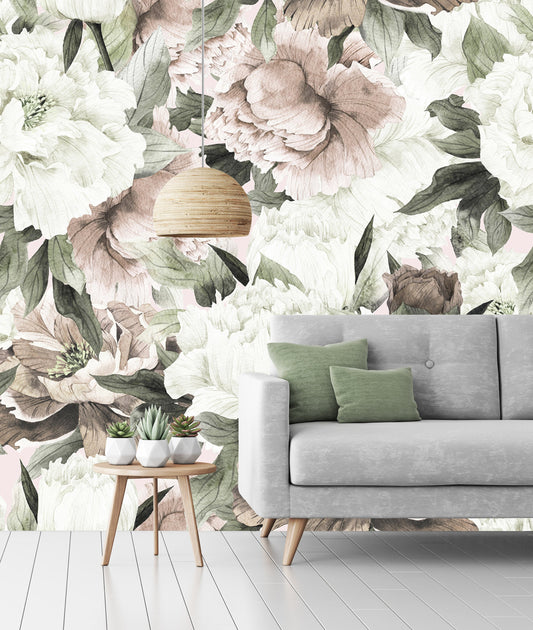 Retro Peony Flower Wall Mural Classical Wallpaper