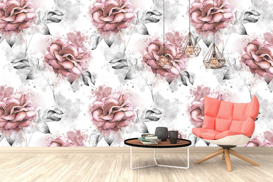 Vintage Dark Red Roses Watercolor Design Floral Wallpaper