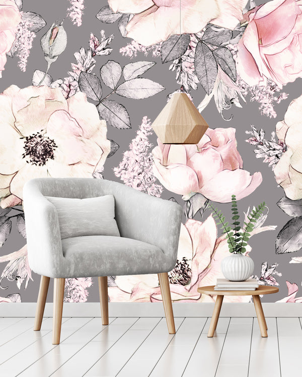 Pink Magnolia Flowers Sketch With Dark Background Wallpaper
