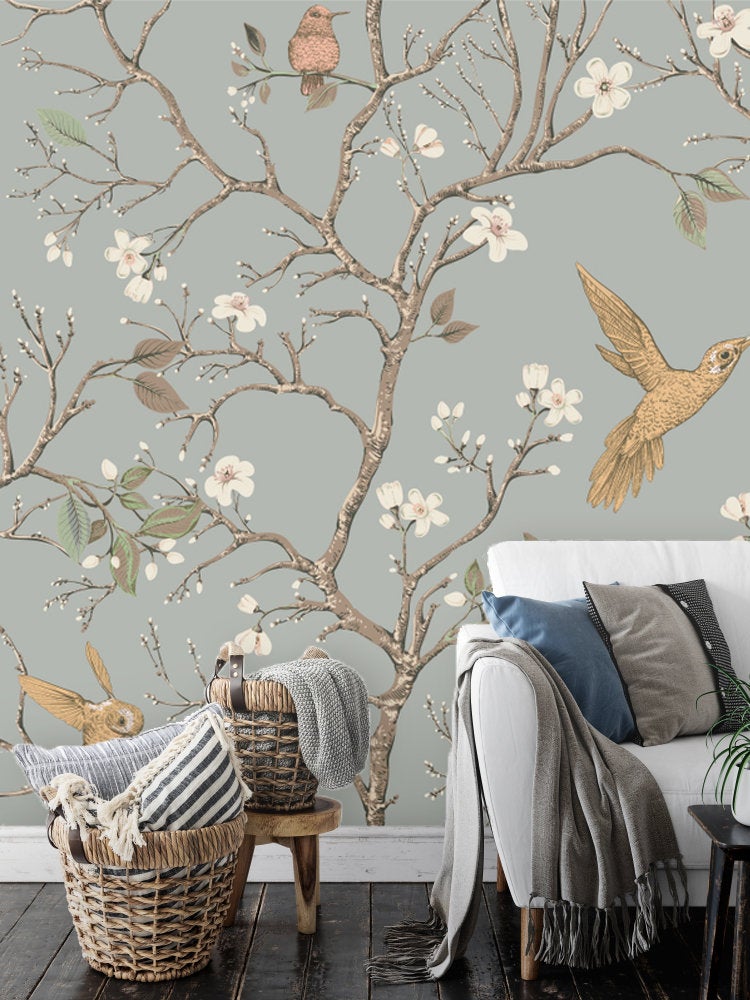Birds and Tree Wall Cover on the Gray Background Modern Wallpaper