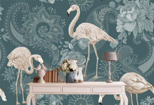 Beige Flamingo Design with Traditional Motifs Modern Wallpaper
