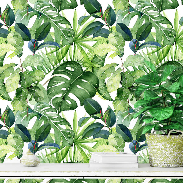 Monochrome Green Tropical Palm Leaves Wallpaper Wall Art
