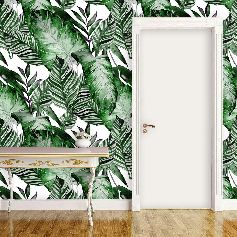 Monochrome Green Floral Palm Leaves Wallpaper Wall Covering