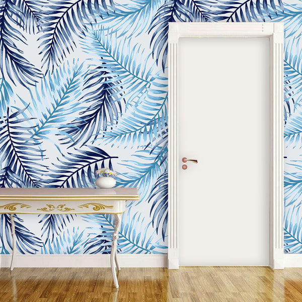 Monochrome Blue Floral Palm Leaves Wallpaper Wall Decor