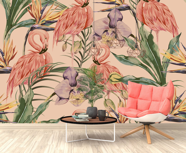 Tropical Flamingos on Pink Background Wallpaper Wall Covering
