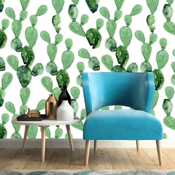 Green Watercolor Cacti Boho Desert Succulent Decor Wallpaper