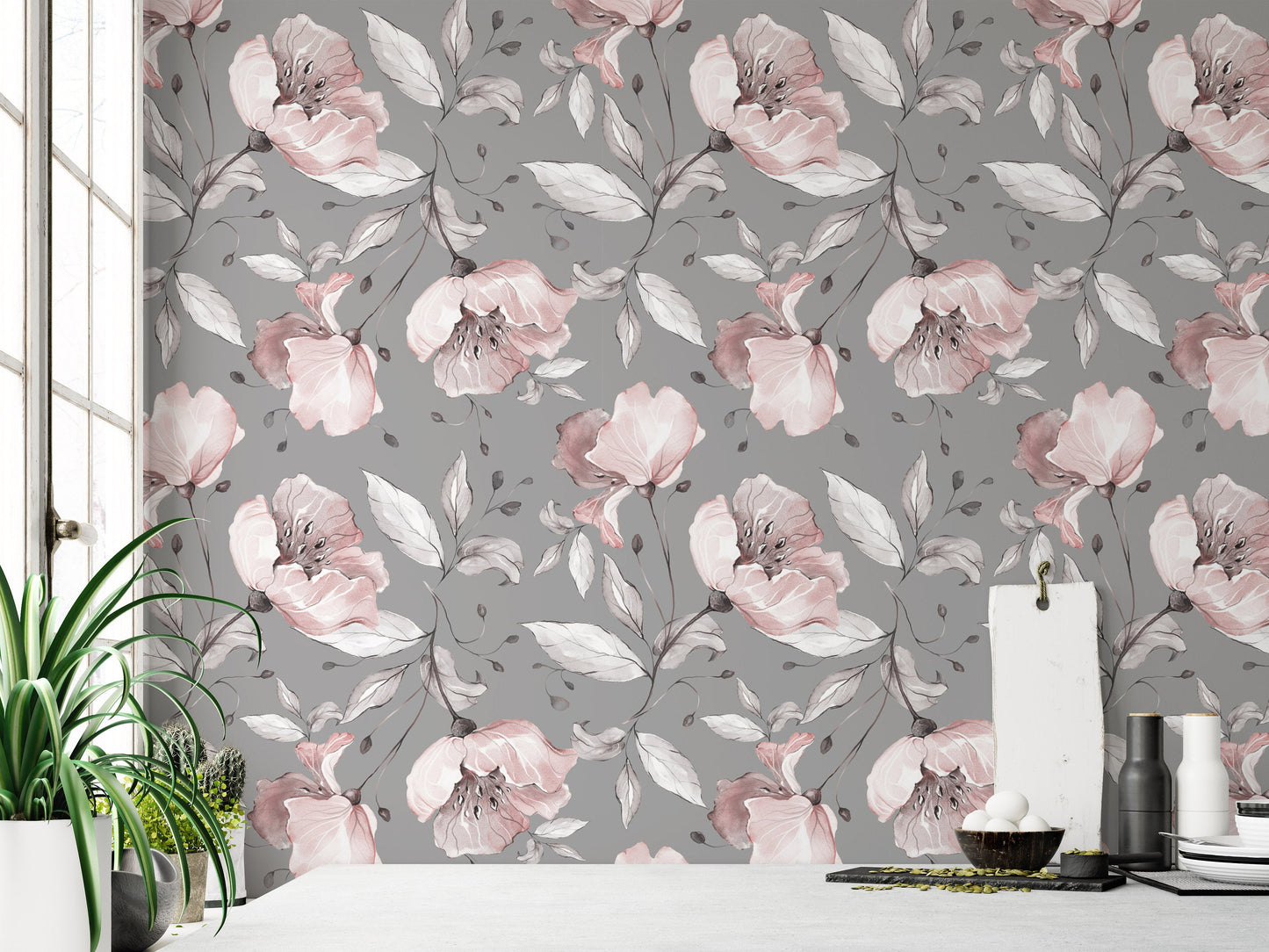 Dark Background and Pink Flowers White Leaves  Wallpaper