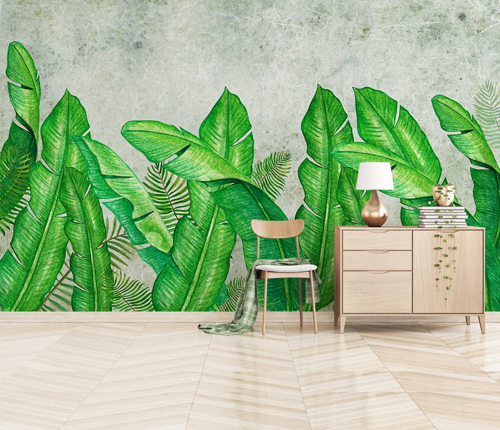 Tropical Exotic Banana Palm Leaves Wallpaper Wall Art