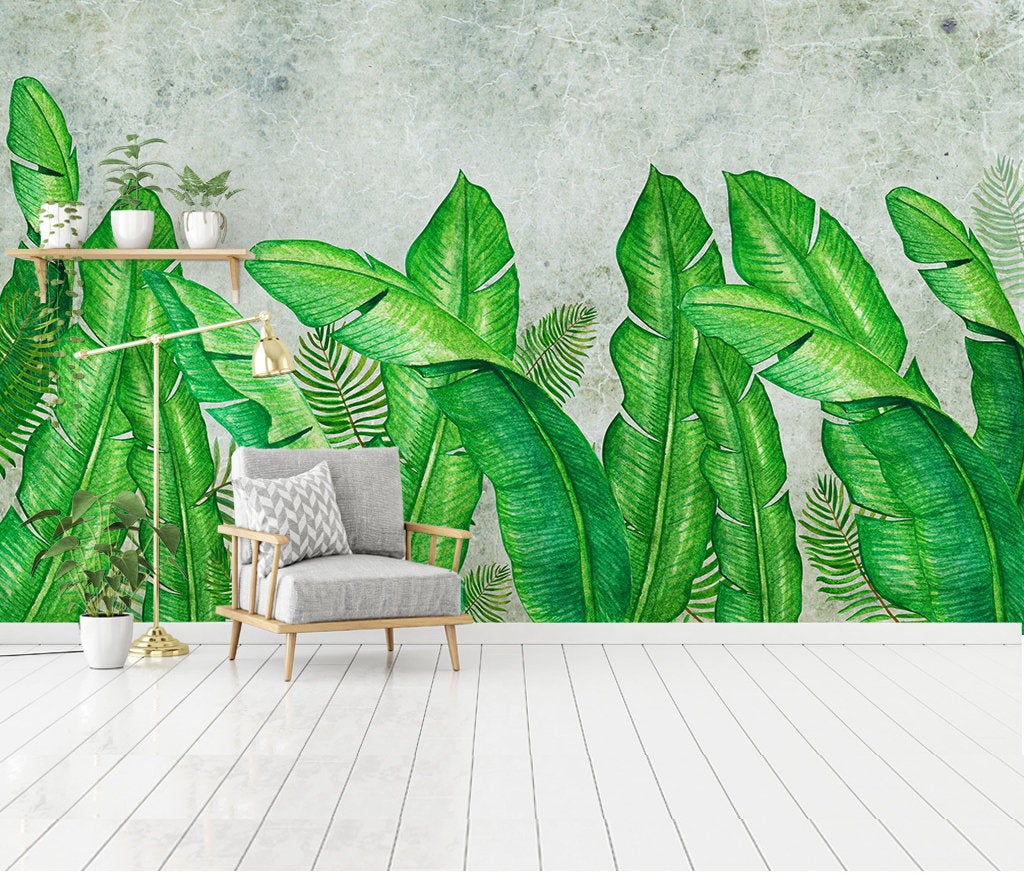 Tropical Exotic Banana Palm Leaves Wallpaper Wall Art
