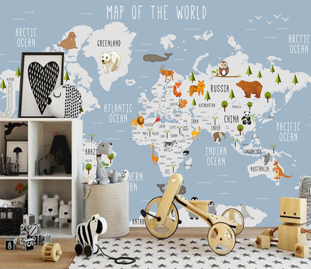 Cartoon World Map Animals Oceans Blue Background Wallpaper