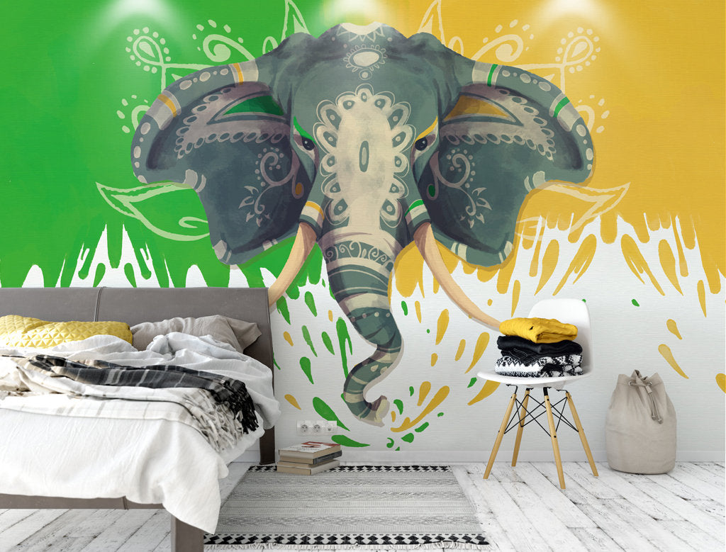 Cartoon Elephant Green and Yellow Large Animal Wallpaper