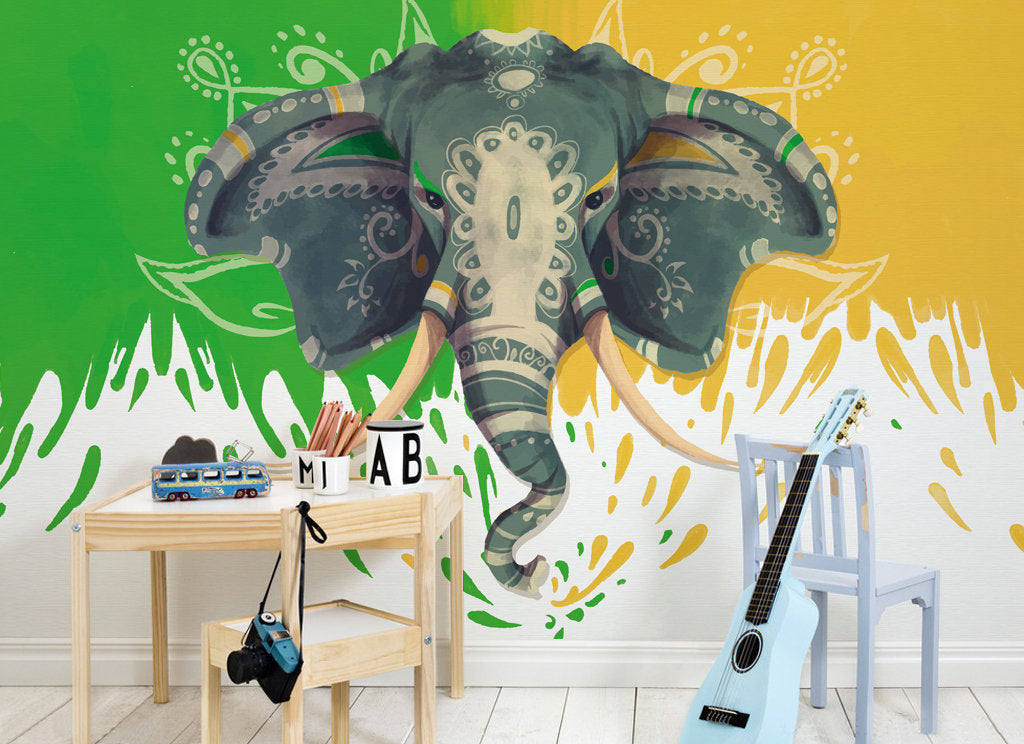 Cartoon Elephant Green and Yellow Large Animal Wallpaper