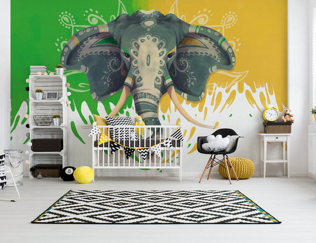 Cartoon Elephant Green and Yellow Large Animal Wallpaper