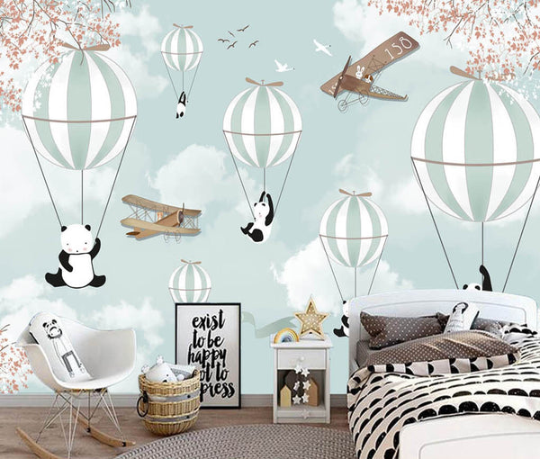 Hot Air Balloon and Pandas Children's Kids Room Wallpaper