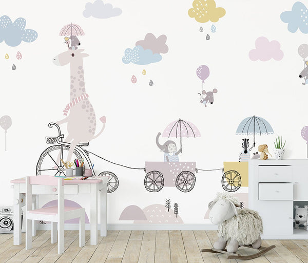 Animals with Umbrella Pattern Home Decor Wallpaper Removable