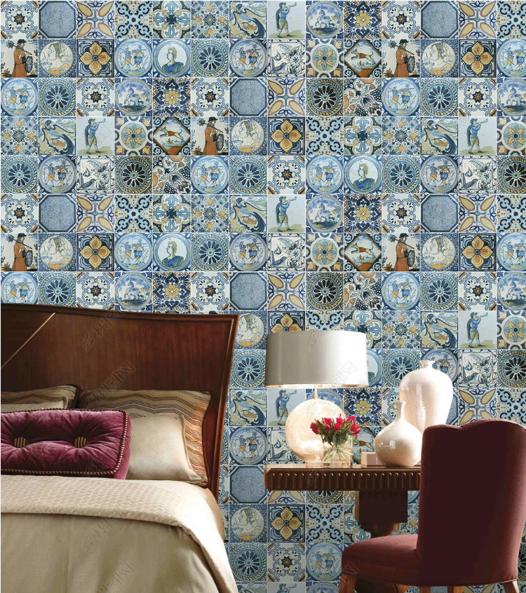 Nordic Style Geometric Blue Mosaic Background Wallpaper