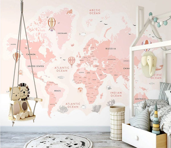 Pink World Map Fashion Pattern Removable Wallpaper