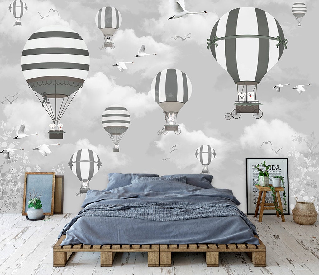 Cartoon Gray Hot Air Balloon Custom 3D Mural Wallpaper
