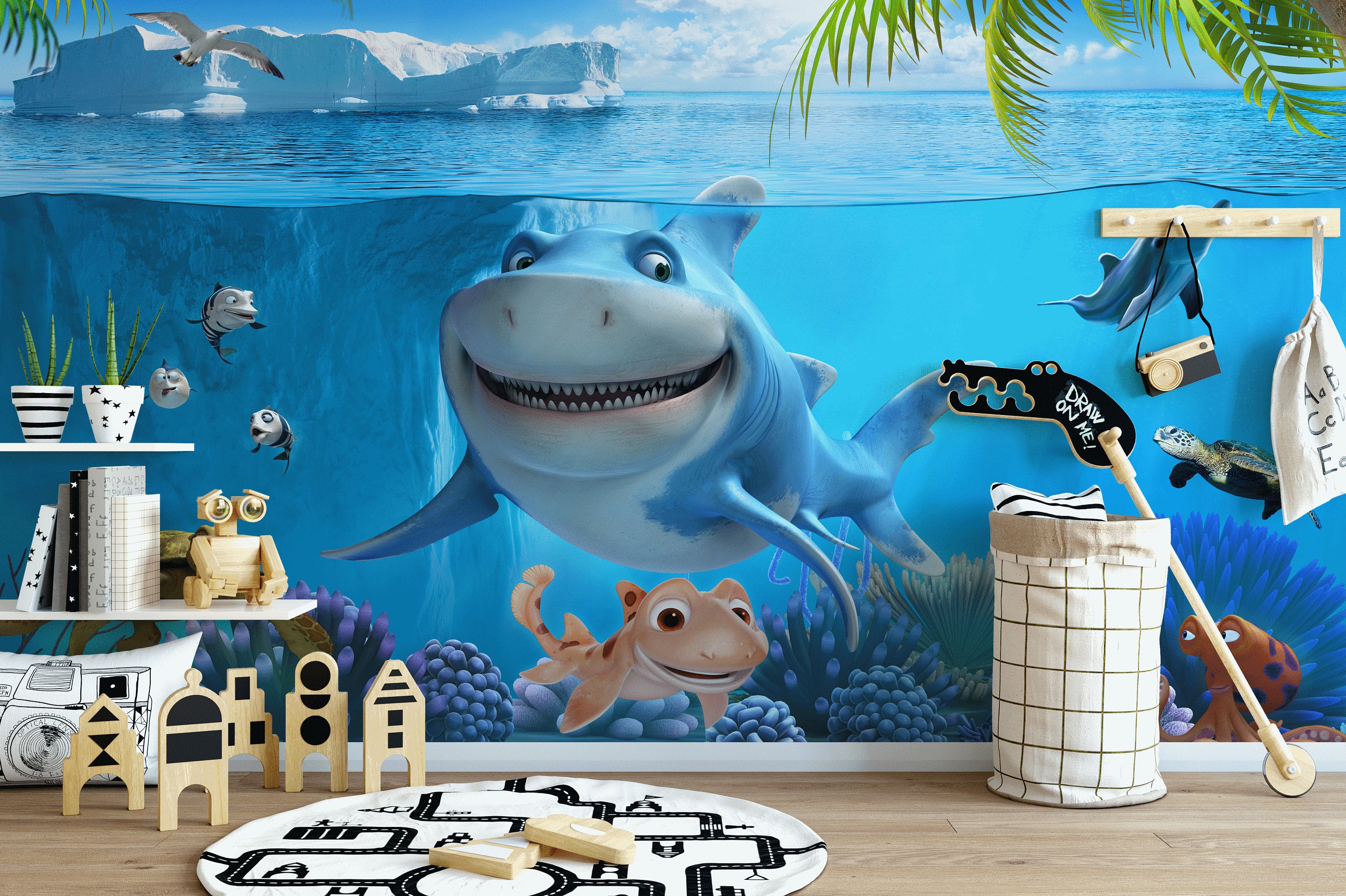 Underwater World Cartoon Shark Dolphin Background Wallpaper