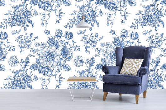 Blue and White Pine Cypress Floral Sketch Flowers Wallpaper