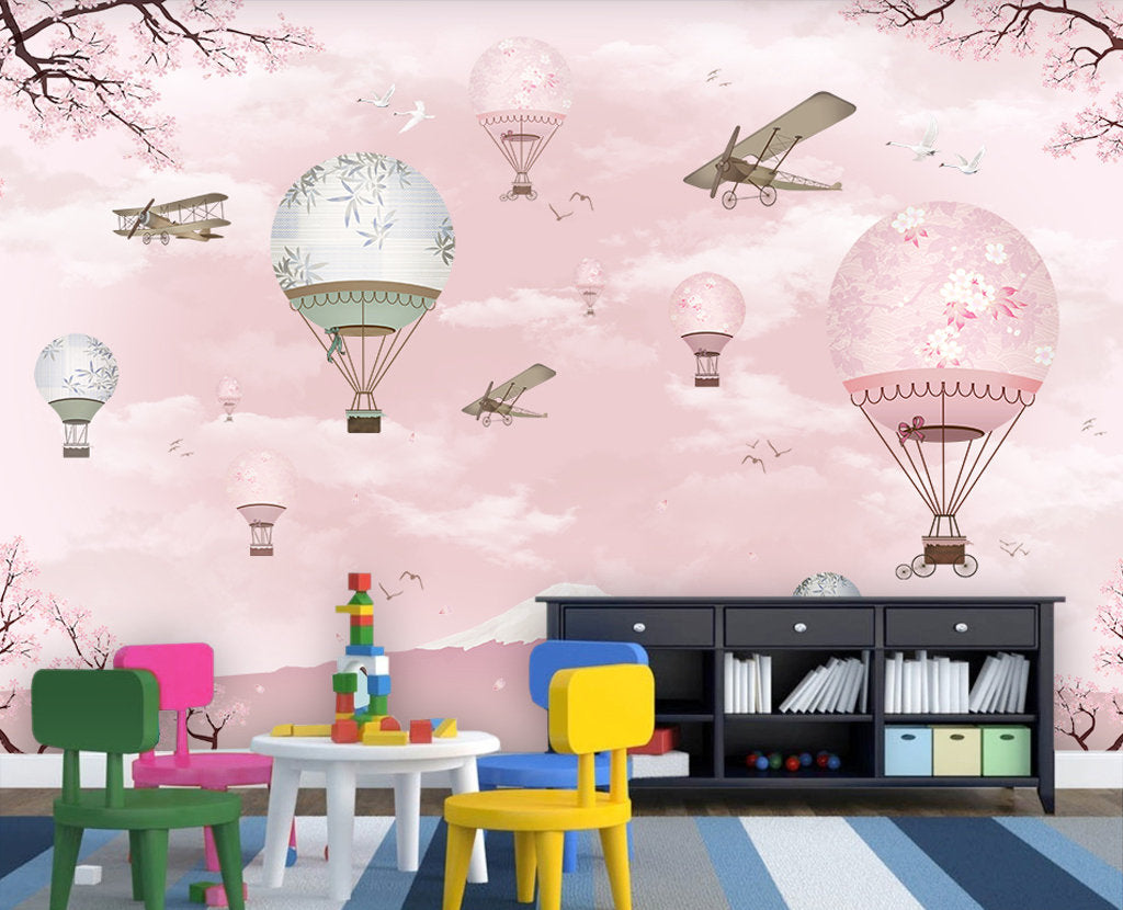 Hot Air Balloon Cartoon Plane Modern Wallpaper Wall Covering