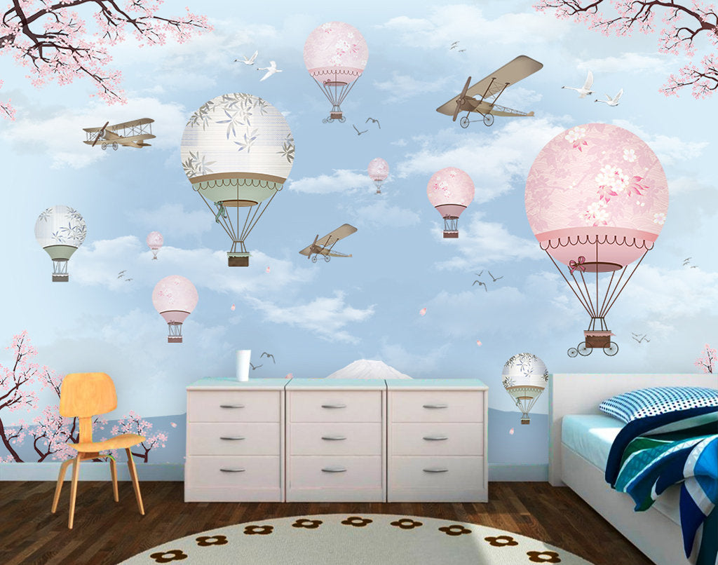 Hot Air Balloon Cartoon Plane Modern Wallpaper Wall Covering