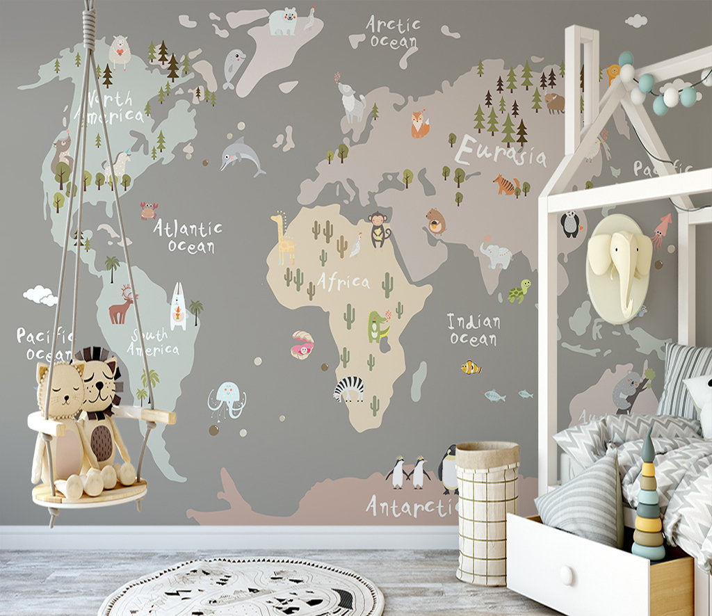 Children World Maps Wall Home Decoration Kids Wallpaper