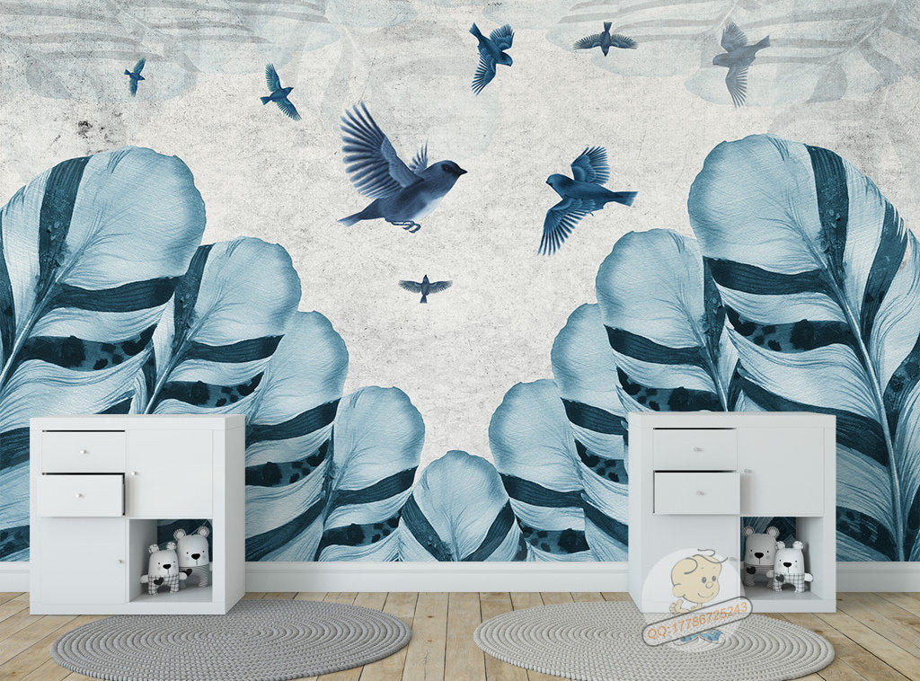 Birds and Bird Feathers Cartoon Kids Room Wallpaper Removable