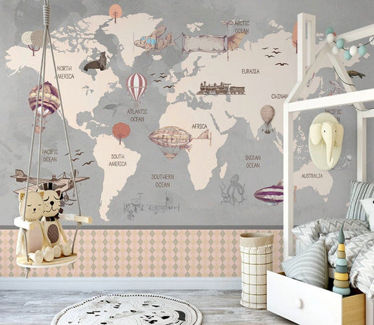 Cartoon Hot Air Balloon World Map Wallpaper Murals Art