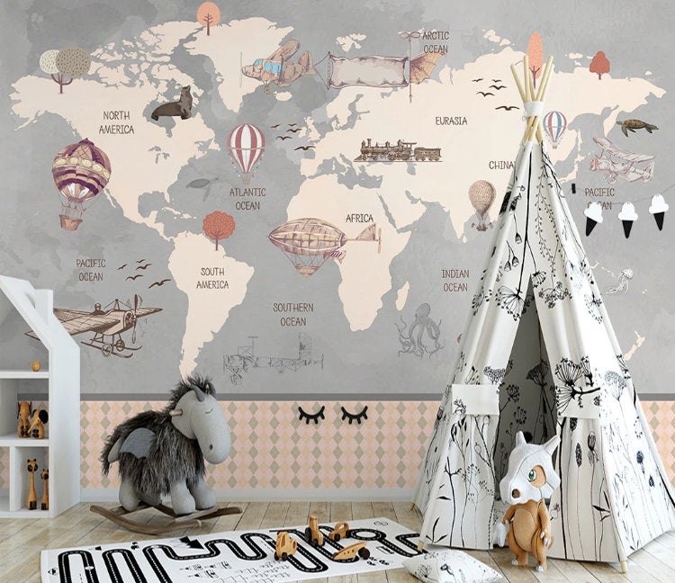 Cartoon Hot Air Balloon World Map Wallpaper Murals Art